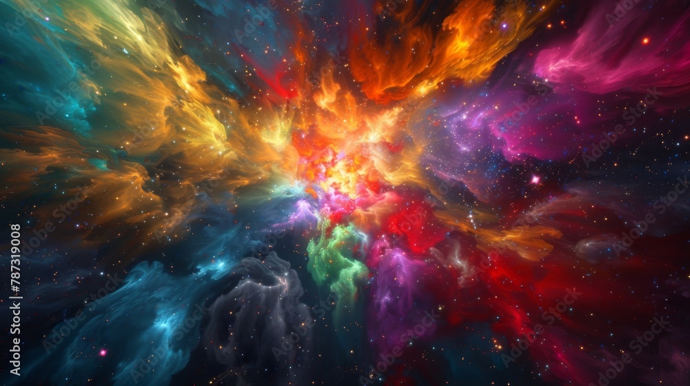 Like a cosmic explosion vibrant hues explode out of the darkness in a dazzling display