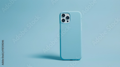 iPhone 14 and 13 Pro Max in light blue soft silicone case falls down back view phone cover mockup in monochrome colours isolated on blue background : Generative AI