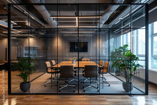 Business meeting room in glass partitioned office interior. © serperm73