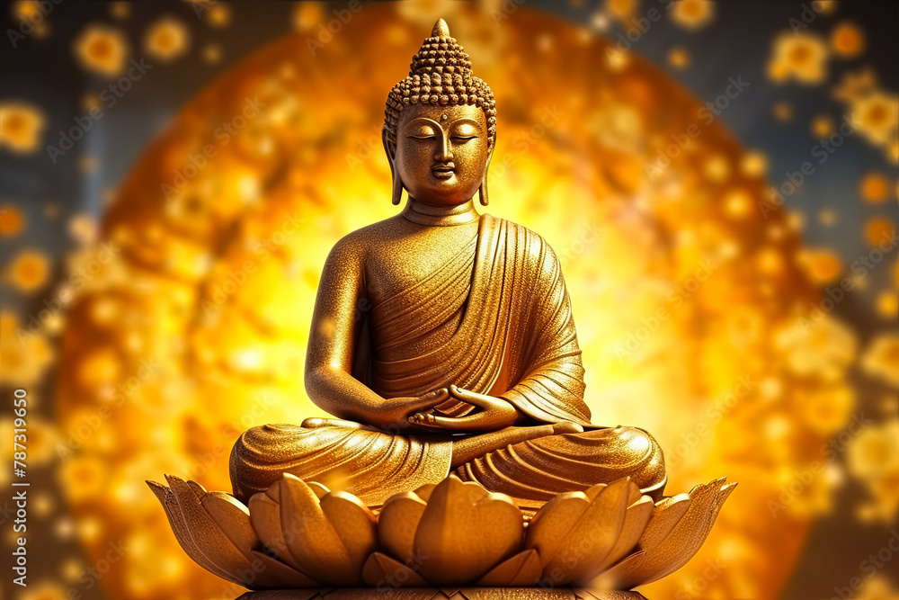 Obraz premium A gold statue of a Buddha is sitting on a table.