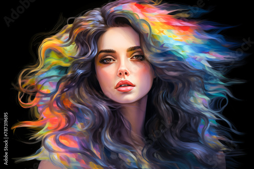 A young and beautiful woman with long rainbow colors hair.