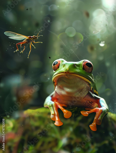 Close-up of a treefrog staring at bug,光感,--iw 2.0 in the wild. AI generative enhances wildlife photography.