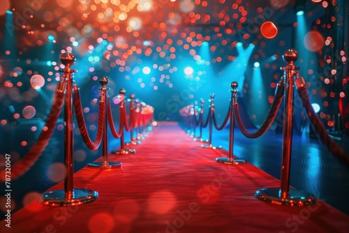 Red carpet and velvet ropes at the entrance to an event. Generate AI image