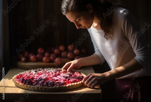a lady having an afternoon with red fruits photo