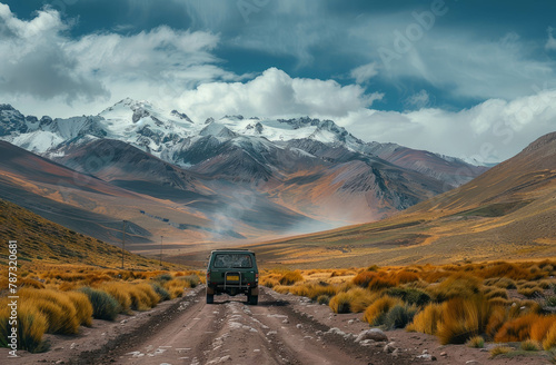 An Argentine man drives through mountains with a sleek metallic finish car, capturing suburban ennui in glossy style. Enhanced with AI generative techniques. photo