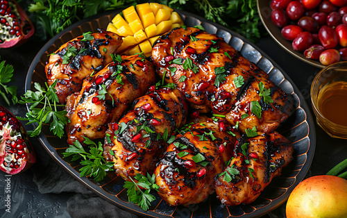 Close-up shot of Guava Glaze Grilled Chicken showcasing its juicy, tender meat and caramelized exterior. The chicken is glazed with a luscious guava sauce, imparting a sweet and tangy flavor