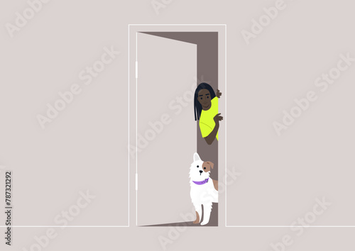A Curious Glimpse From Behind a Doorway, A dog and their owner exchange playful looks around an ajar door