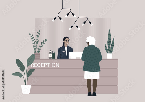 Welcoming Smile at the Modern Information Desk, Smiling individual greets a guest at a contemporarily designed reception