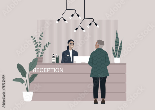Welcoming Smile at the Modern Information Desk, Smiling individual greets a guest at a contemporarily designed reception