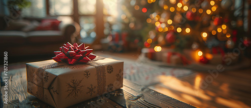 Close-up of a wrapped gift on the edge of a wooden table against the blurry background of a bright living room with Christmas decor on a sunny day. Christmas.