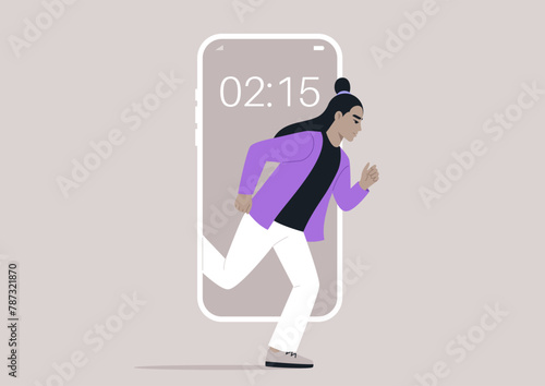 Digital Sprint Into Reality, a character Escaping the Confines of Technology, A person dashes out from a mobile phone screen into the tangible world