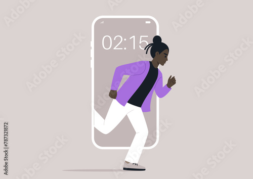 Digital Sprint Into Reality, a character Escaping the Confines of Technology, A person dashes out from a mobile phone screen into the tangible world