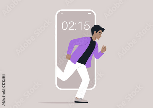 Digital Sprint Into Reality, a character Escaping the Confines of Technology, A person dashes out from a mobile phone screen into the tangible world