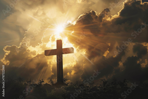 large silhouette of cross in sun ray in sky. Sign of faith. God. Sun light photo