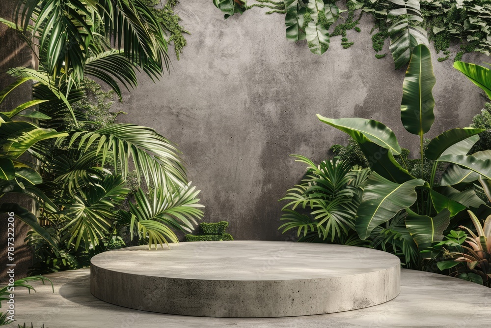 Blank Stone Podium for Product Display with Tropical Forest Plant Leaves, Natural Green Background Blank Stone Podium for Product Display with Tropical Forest Plant Leaves, Natural Green Background