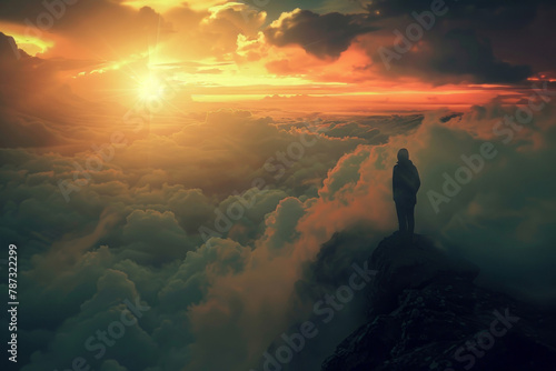Man stands on top of mountain in sun light