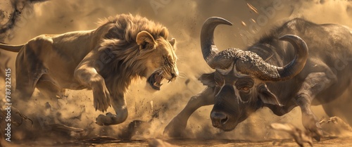 A fierce battle between a lion and buffalo enveloped in dust with intense action and dynamic movement