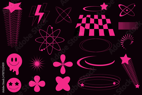3D wireframe 00s style. 3D Wireframe Y2K. Retro cyberpunk style.Set of retro-futuristic elements