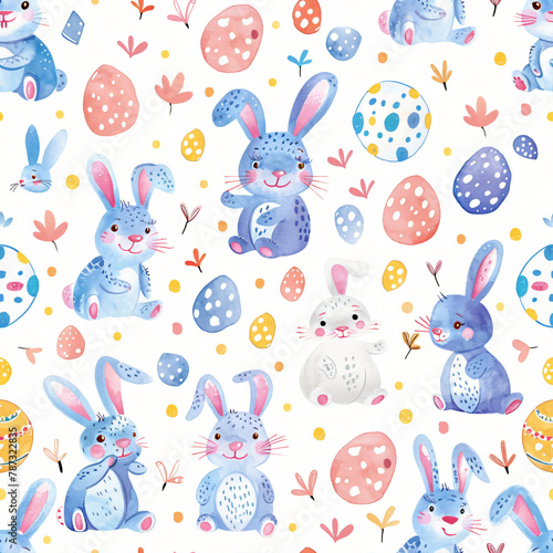 Easter pattern with easter bunny, easter eggs and flower 