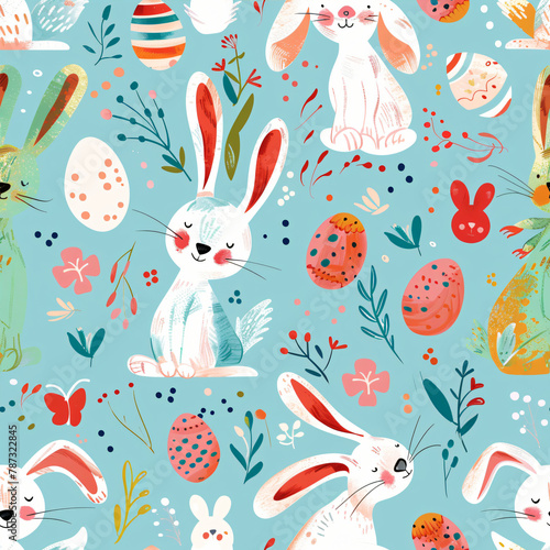 Easter pattern with easter bunny, easter eggs and flower 