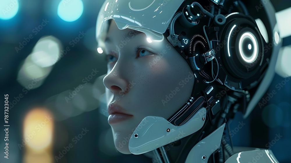 Humanoid robot with artificial intelligence in the city at night Humanoid robot with artificial intelligence in the city at night