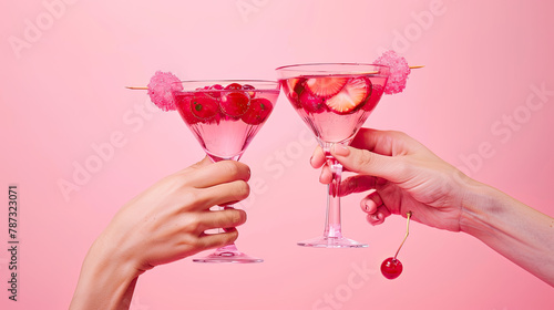 Create an image of two hands coming together to clink glasses with a pink cocktail filled with pink fruits, set against a pink solid background