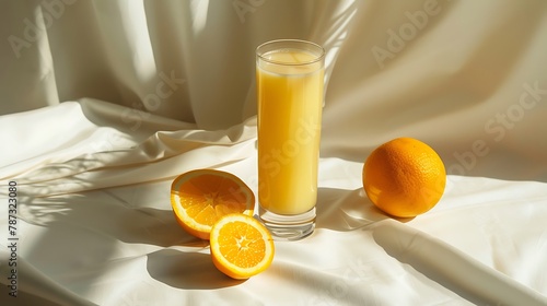 Glass of fresh orange juice and fruits on table in sunlight, closeup