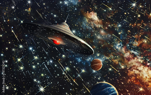 Ufo ship in outer space against the background of galaxies and stars
