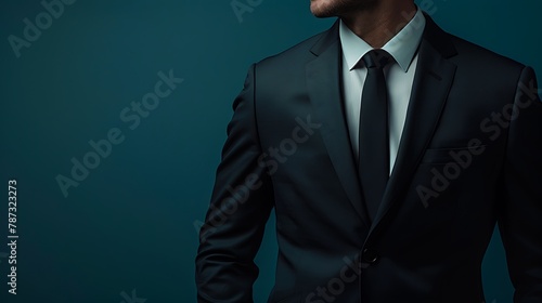 Businessman in black suit on dark blue background with copy space
