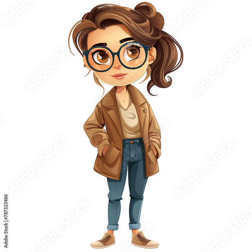 a cartoon girl with glasses and a jacket. transparent background png
