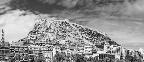 Alicante, Spain: Santa Barbara castle; hilltop medieval castle in black and white