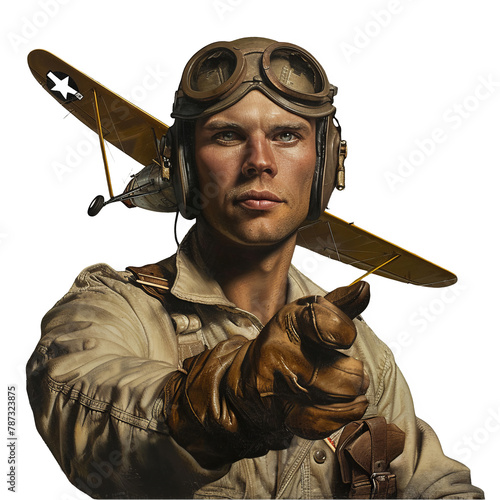 a man in a pilot's uniform pointing at the camera. transparent background png photo