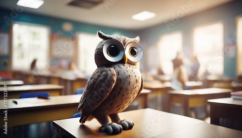 stuffed owl is sitting on a desk in a classroom