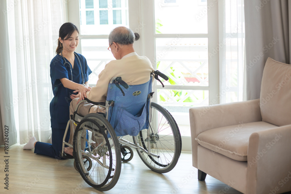 asian woman doctor nursing home to helping take care to retirement patient who sitting on wheelchair, caregiver nurse support to medical health care insurance at home or hospital, elderly senior man asian woman doctor nursing home to helping take care to retirement patient who sitting on wheelchair, caregiver nurse support to medical health care insurance at home or hospital, elderly senior man