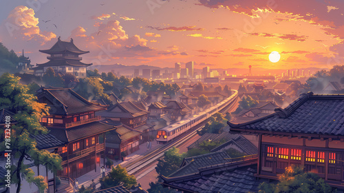 Bullet train races through a bustling Chinese cityscape bathed in sunset, tea houses below