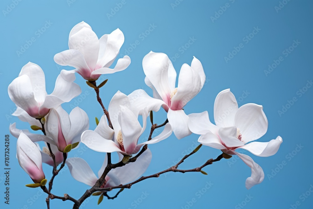 Naklejka premium Blooming white and pink close-up flowers of magnolia on a branch with young leaves, growing in spring park or botanical garden, with blurred blue background