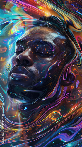 Create an artwork of a man surrounded by futuristic chromatic waves showcasing hyper-realistic details in the glass wraps © Sattawat