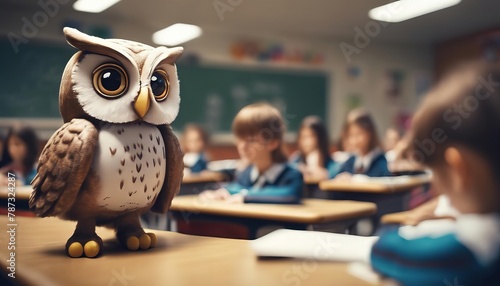 stuffed owl is sitting on a desk in front of a group of children photo