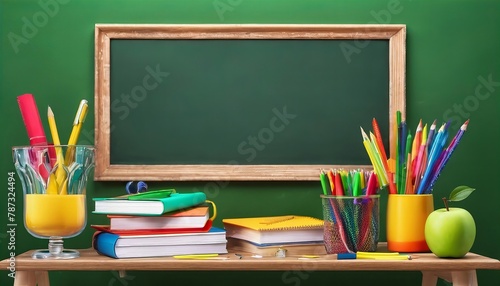 green chalkboard with a variety of school supplies including pencils, pens