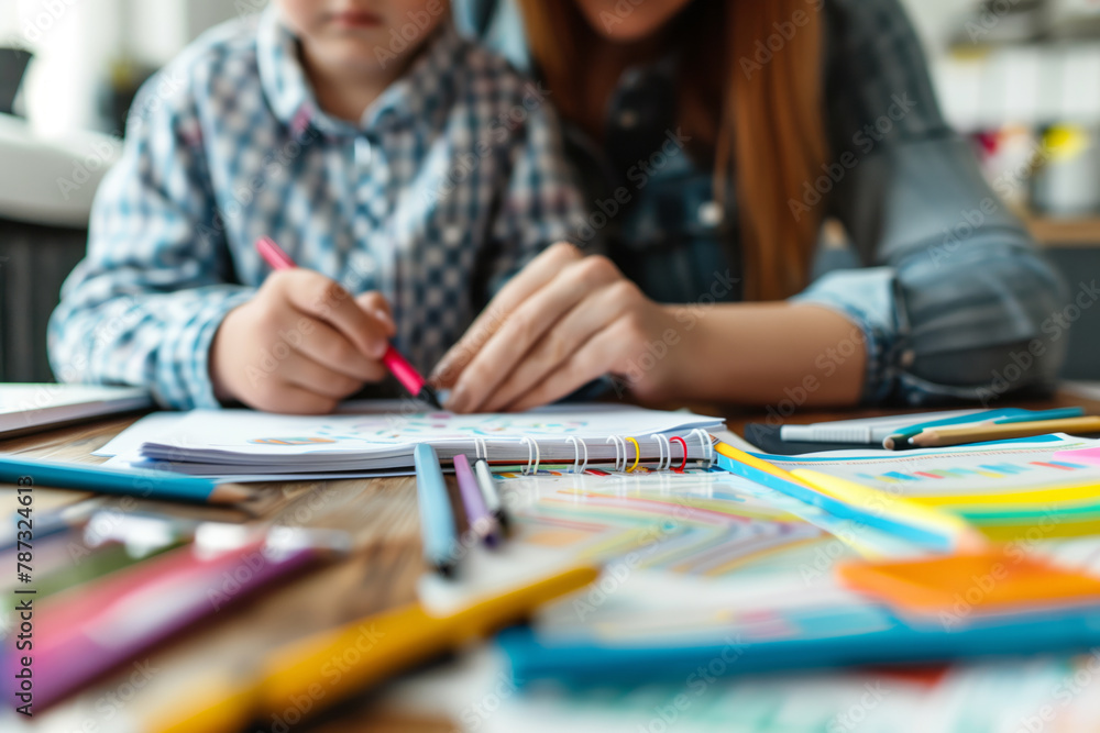 Close up view of a mother teaching a child how to draw at desk with colorful pencils. Shallow depth of field, blurred Close up view of a mother teaching a child how to draw at desk with colorful pencils. Shallow depth of field, blurred