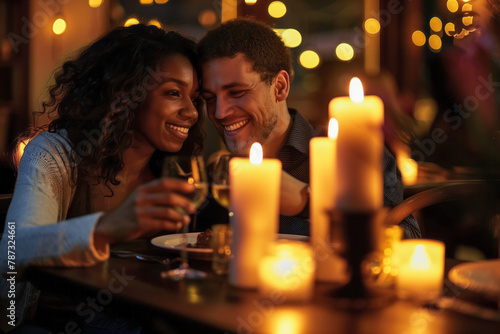 A cheerful multiracial couple at a romantic candlelight dinner. Shallow depth of field