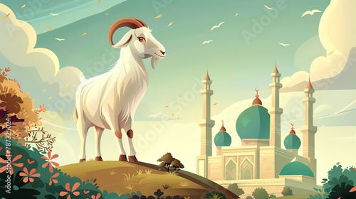 Eid al adha vector illustration for islam culture. Qurban design of goat and mosque for eid al adha mubarak. Islamic design of qurban for al adha event celebration in muslim culture and islam photo