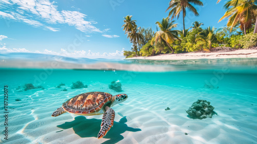 Half underwater view clear sea and sand beach with palm trees. Underwater inhabitants, turtles and fishes.