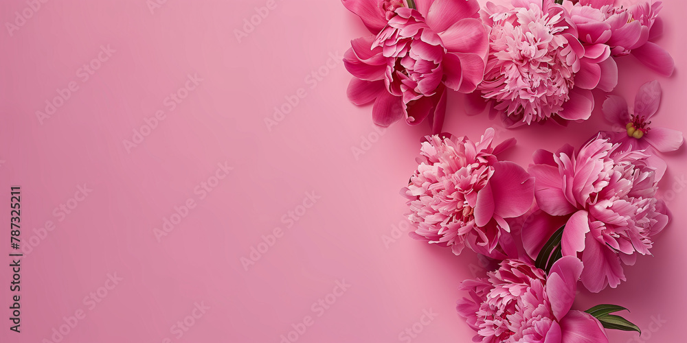peony flowers on a pink background in a flat lay top view.