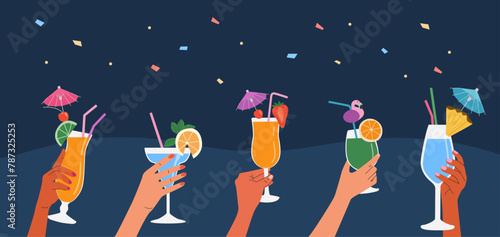 Holiday vector concept illustration in flat style. Different hands holding cocktails.