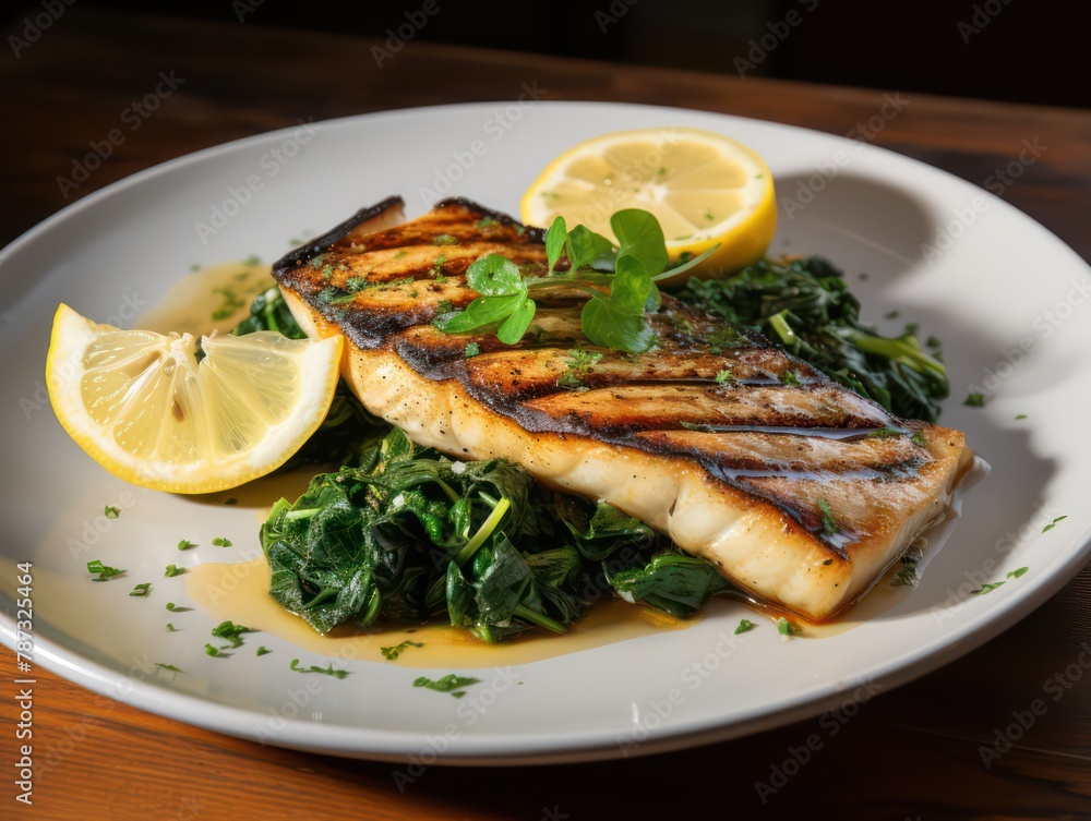 grilled halibut on a bed of sautéed spinach