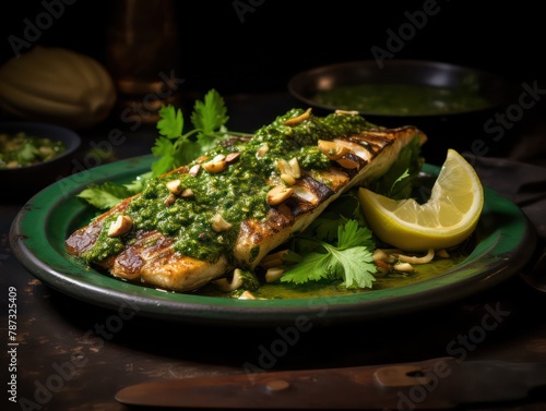 grilled fish on a plate with green chiles