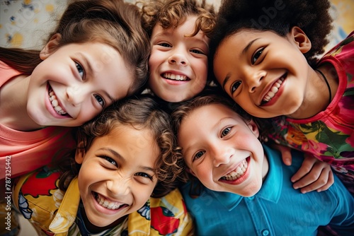 Happy smiling children in a circle looking down at the camera, bright colors, low angle shot from below with a top view, a portrait of joyful children playing and kids huddling, cute little children  photo