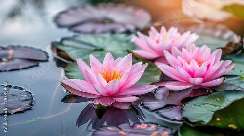 Pink lotus blossoms or water lily flowers blooming on pond ,Generative ai, 