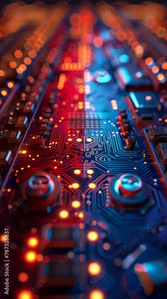 Fototapeta premium 3D Blender crafted depiction of a tech racetrack where microchips carrying the Chinese and American flags compete in a race for innovation, on an isolated background with room for text
